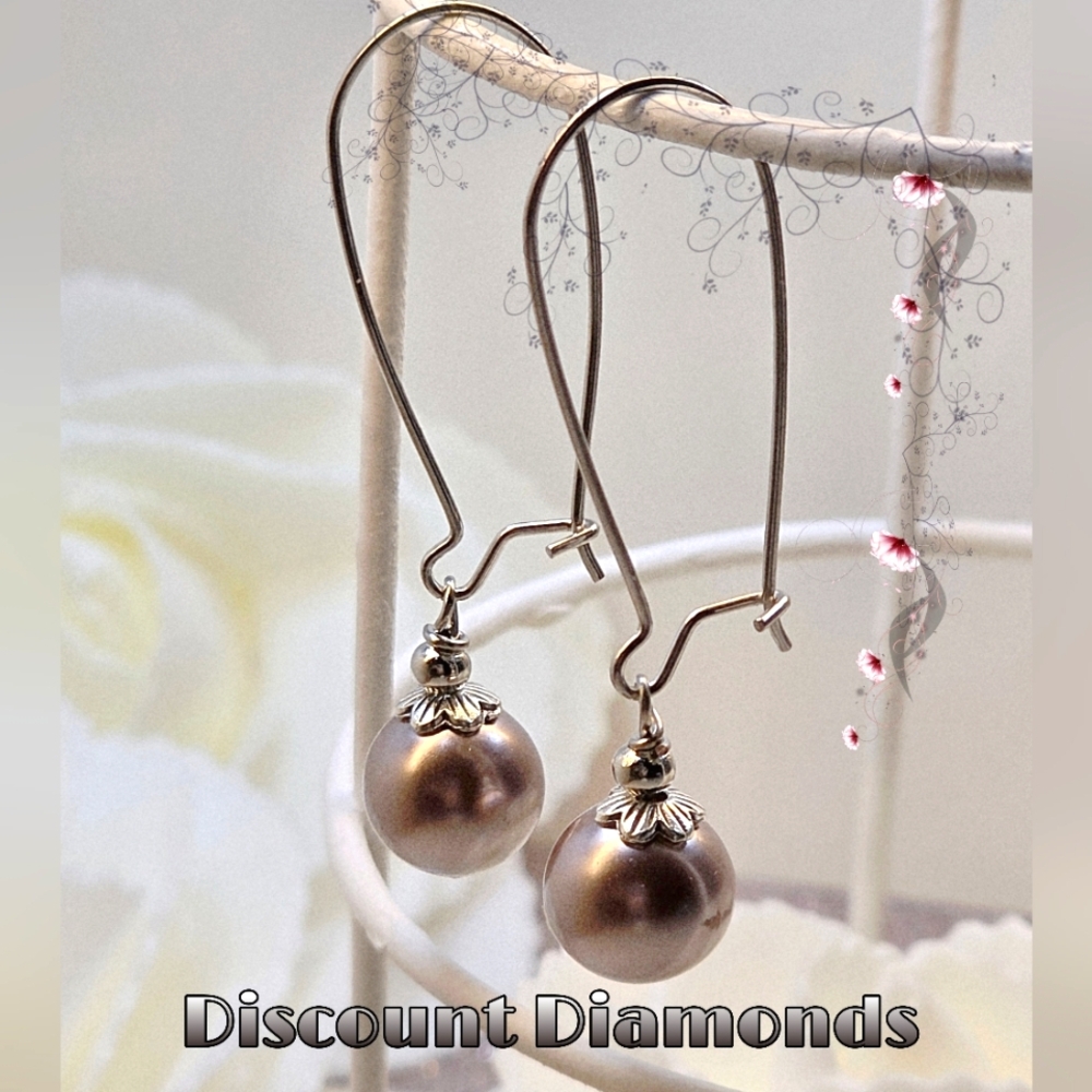 Champagne South Sea Shell 10 mm Pearl Earrings Wire Hook on 925 Silver